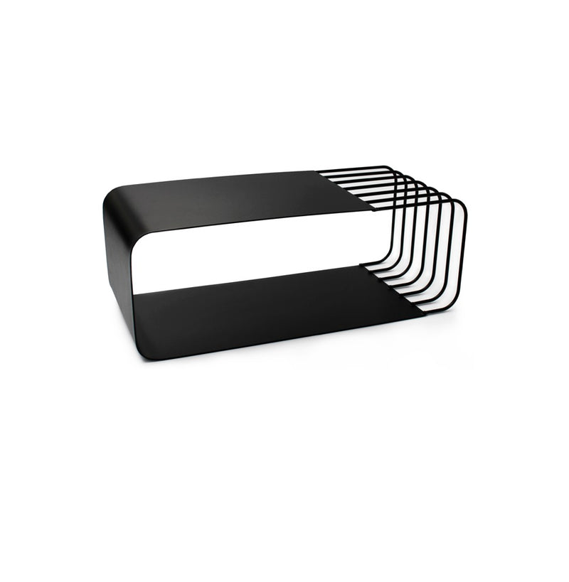 Large black stainless steel buffet stand with matte finish, modern geometric design for elegant food or decor display.
