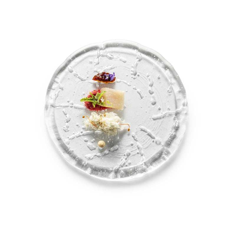 Frost Plate in glossy craft glass, luxury tableware from the Sublime Collection, heat, freezer, and dishwasher safe.
