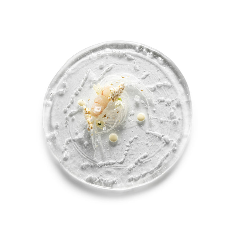 Elegant Frost Plate in glossy craft glass, luxury tableware from the Sublime Collection, heat, freezer, and dishwasher safe.
