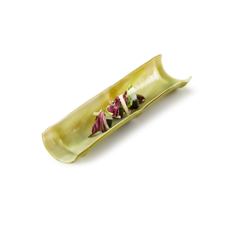 Luxury Glass Cane Tray, artistic matte glass serveware with botanical hues, handcrafted fine dining presentation piece