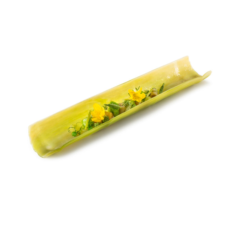 Luxury Glass Cane tray, handcrafted matte glassware with botanical design for artistic fine dining plating