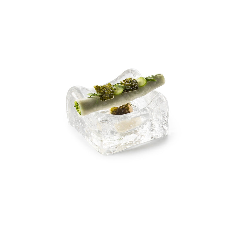 Frost Degus Square glass bowl with frosted finish, luxury artisanal design, 40ml capacity, heat, freezer, and dishwasher safe.