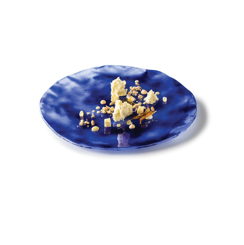 Indigo Glass Plate in deep ocean blue, handcrafted luxury tableware with glossy finish, artistic design for elegant dining