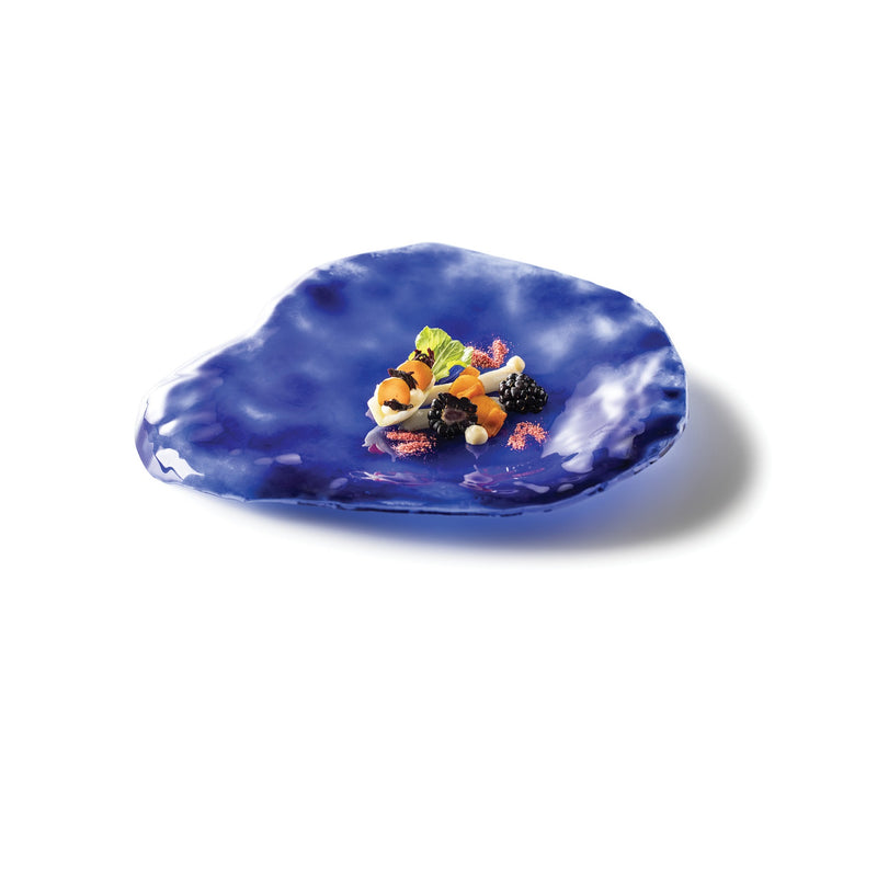 Indigo Glass Plate in deep blue, handcrafted artistic tableware with glossy finish, luxury plate for elegant dining decor