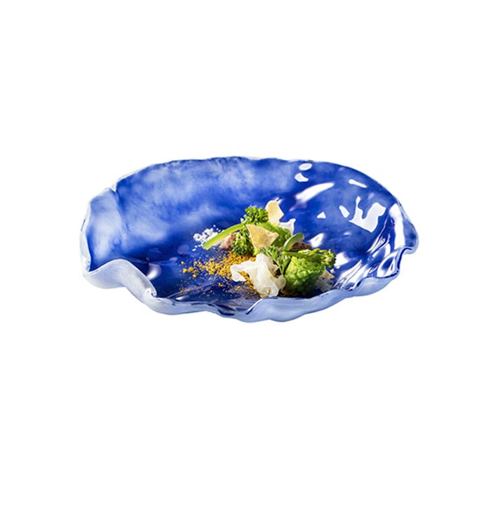 Indigo Glass Bowl 23cm luxury handcrafted glassware with deep blue hues, wavy contours, glossy finish, artistic tableware