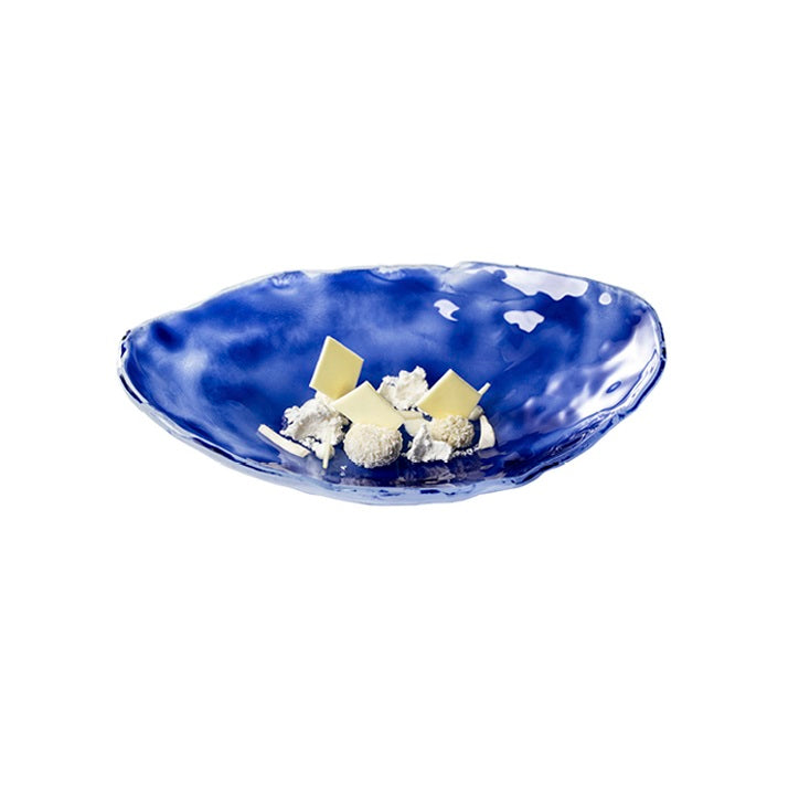 Indigo Glass Oval Bowl, handcrafted luxury blue tableware with glossy finish, artistic serving bowl 250ml
