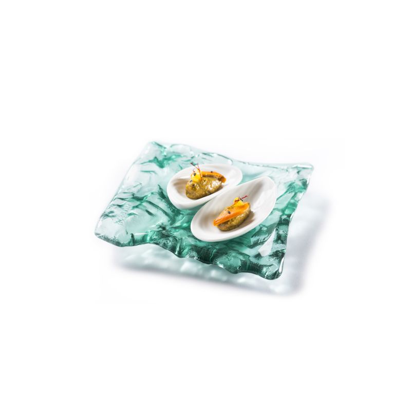 Handmade green craft glass tray with glossy finish, luxury ocean-inspired tableware for artistic and modern dining presentation.