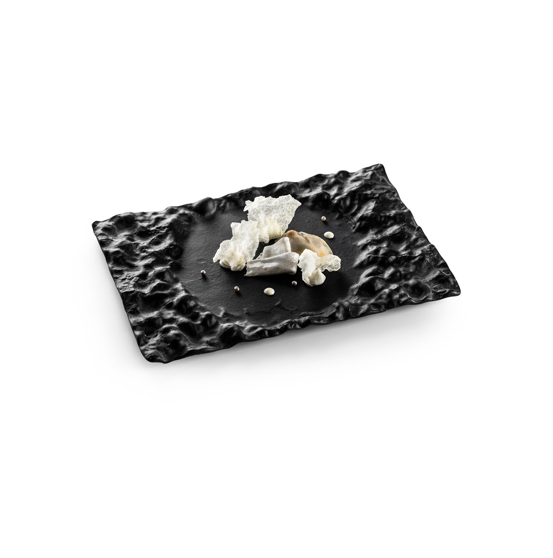 Luxury matte glass tray with lunar-inspired texture, artistic design, and heat-safe versatility for elegant food presentation.