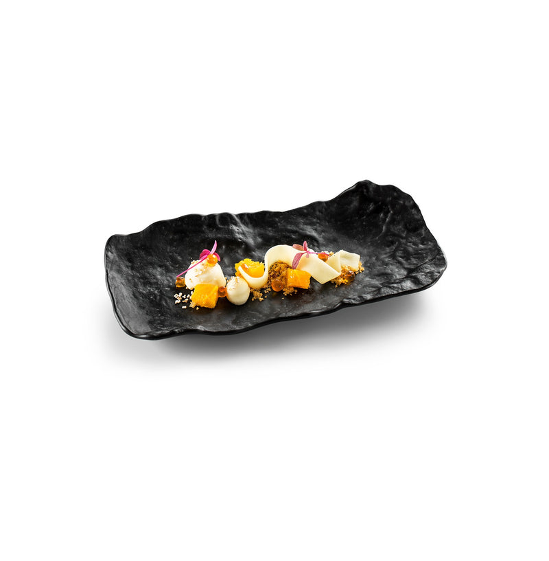 Luxury matte glass tray with lunar-inspired texture, heat-safe and freezer-safe, perfect for artistic and elegant food presentation.