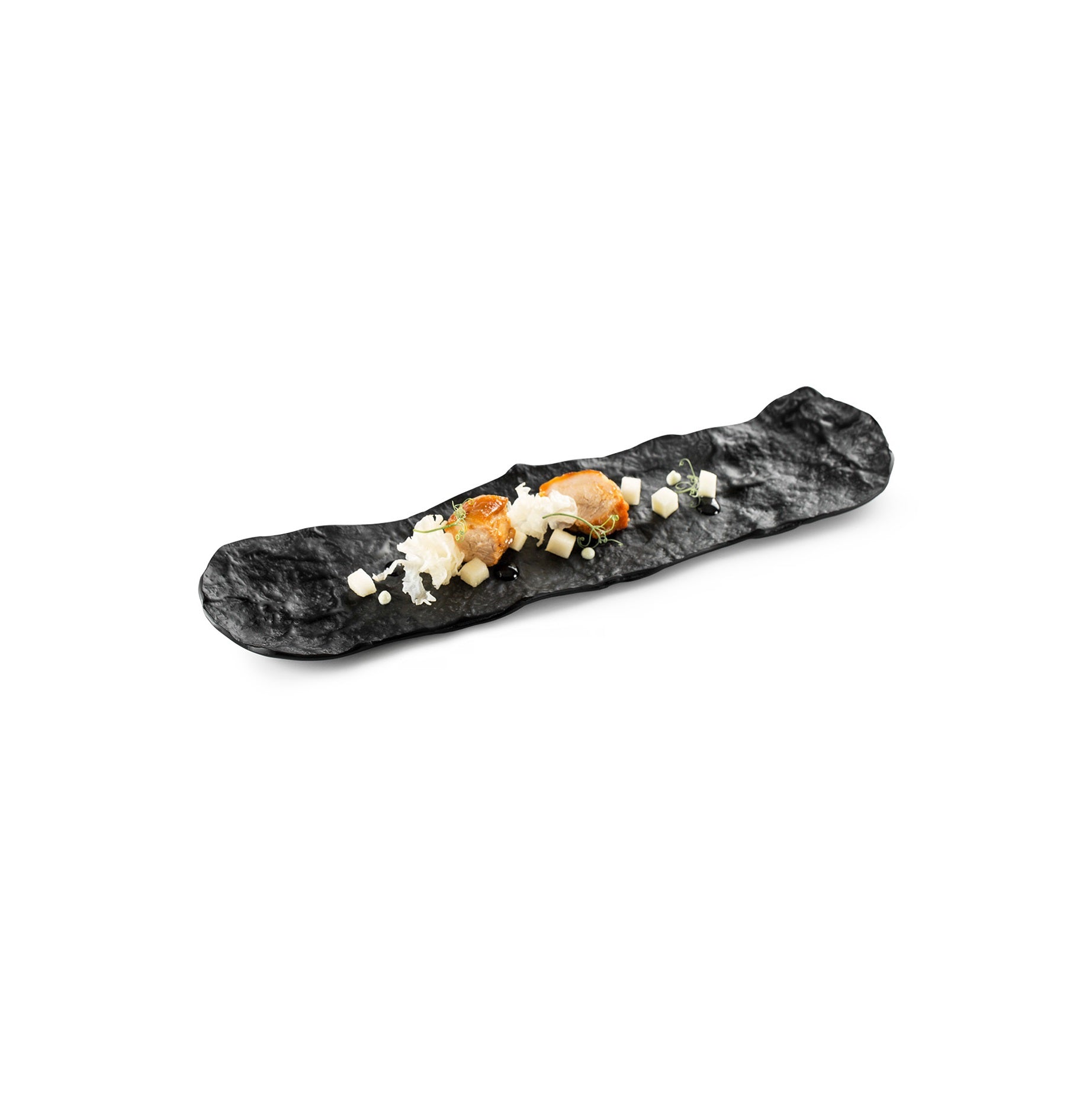 Elongated matte glass tray with lunar-inspired texture, heat and freezer safe, ideal for luxury sushi or elegant appetizer serving.