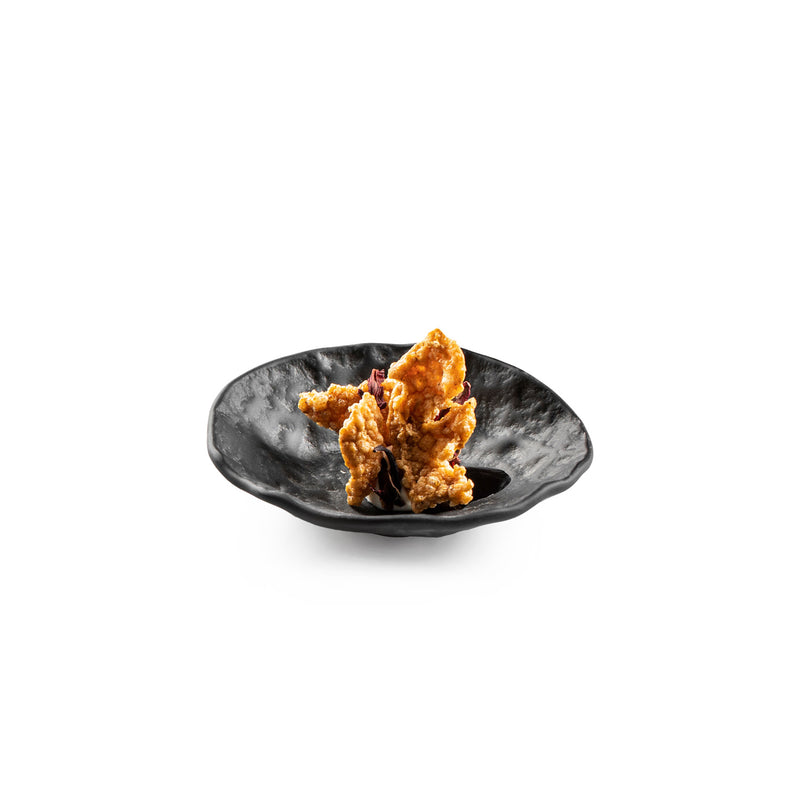 Crater glass bowl with lunar texture, luxury artistic tableware for gourmet bites, sauces, and elegant food presentation.