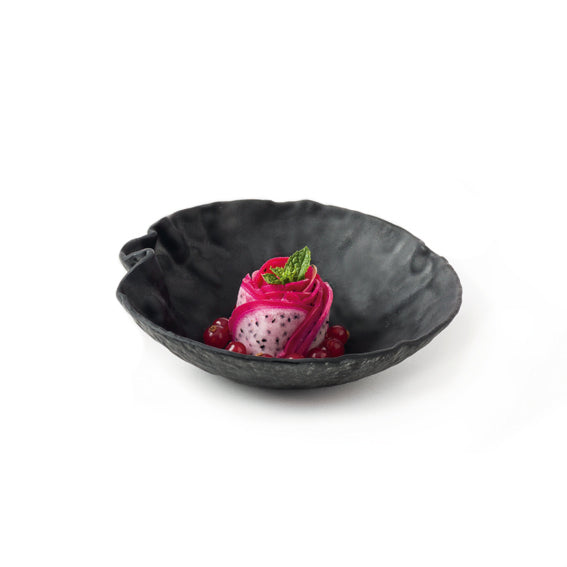 Crater glass bowl with lunar-inspired matte texture, luxury artistic tableware for hot or cold dishes and elegant dining.