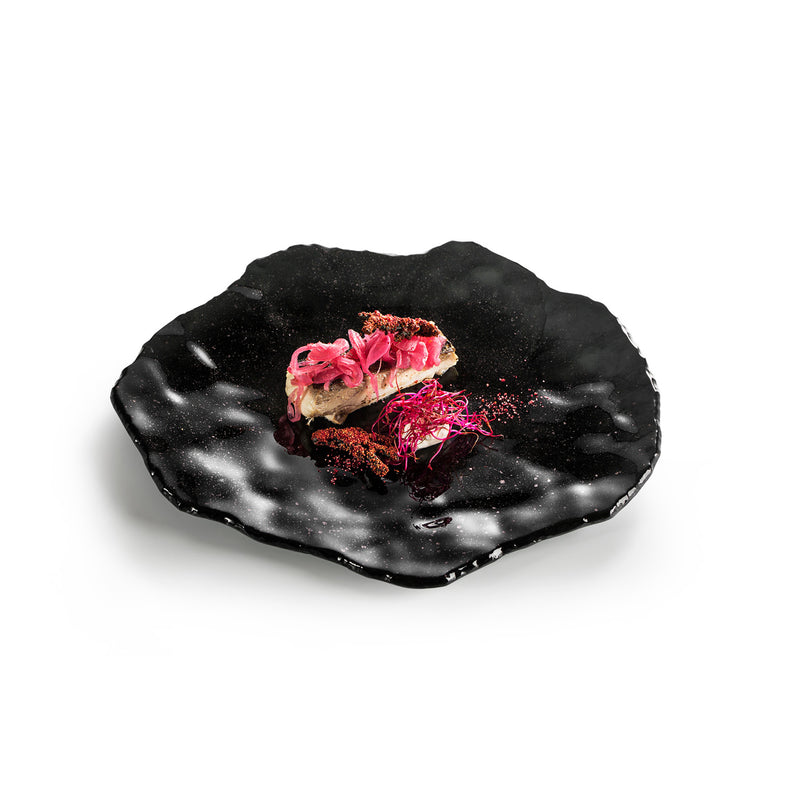 29cm luxury glass plate with glossy starry-night design, handcrafted, heat, dishwasher, and freezer safe for artistic dining.