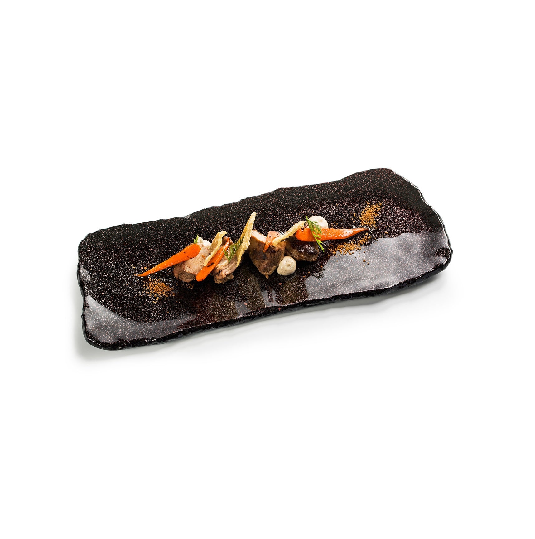 Luxury glass tray with glossy starry-sky design, handcrafted for unique elegance, heat and dishwasher safe for artistic dining.