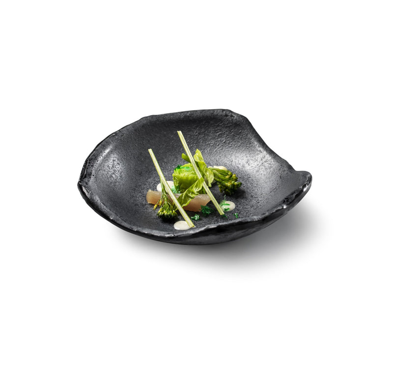 Artistic glass bowl with matte black finish; luxury tableware for elegant plating, heat-resistant and chef-approved design.