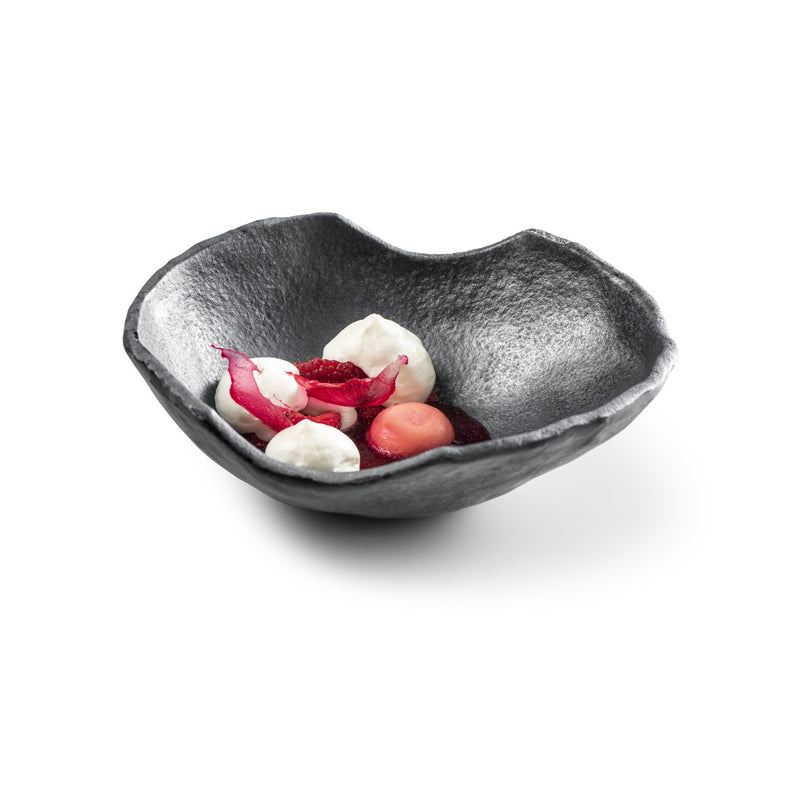 Artistic glass bowl with matte black finish, luxury minimalist tableware for chefs; heat, freezer, and dishwasher safe design.