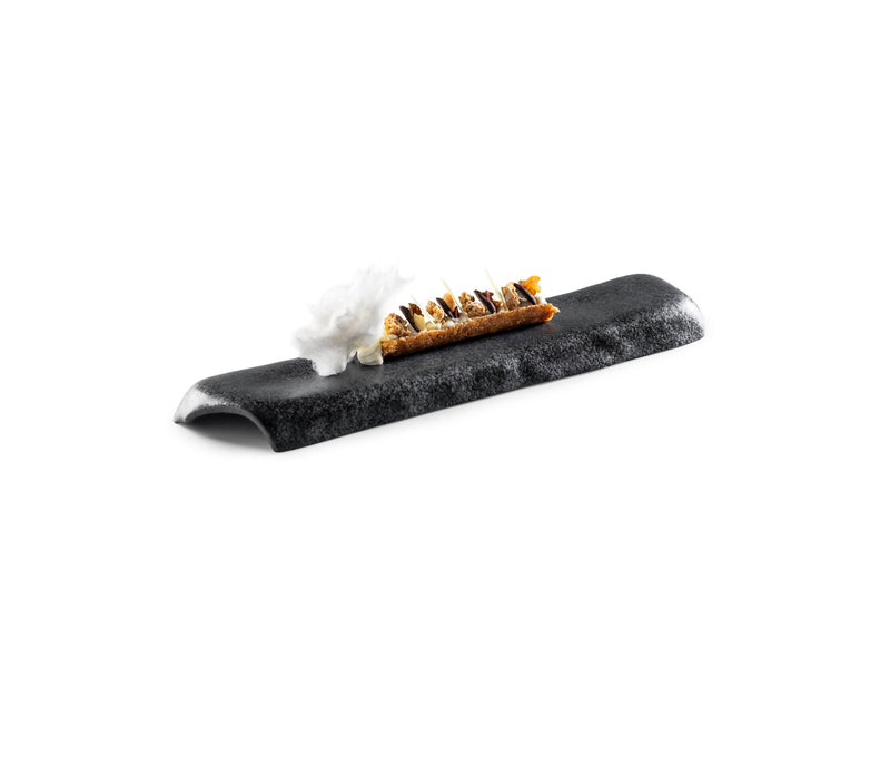 Artistic glass podium with matte black finish; elevated for luxury food display; ideal for modern, creative plating.