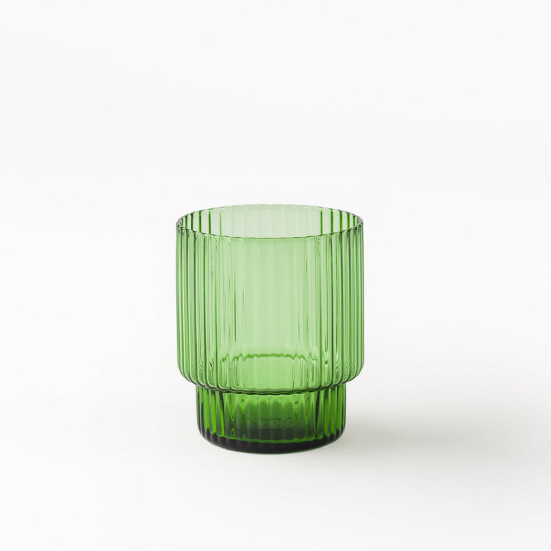 Gatsby Green Glass 360ml with lush green hue and ribbed design, elegant drinkware for cocktails, juice, and dining
