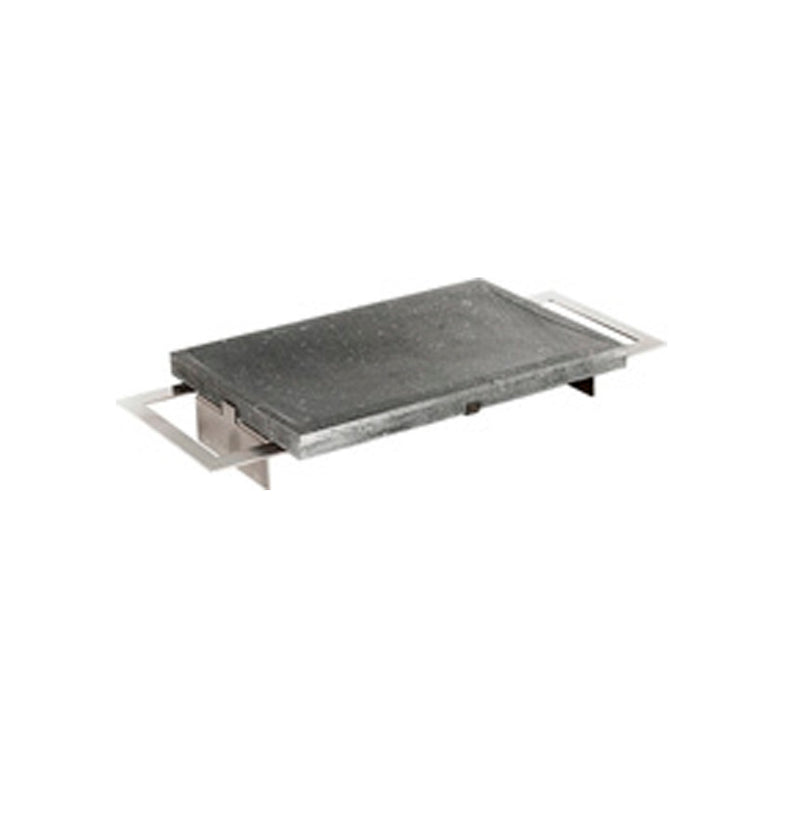 Basalt stone grill with support, matte finish, even heat, elegant tabletop cooking plate, oven, microwave, dishwasher safe.