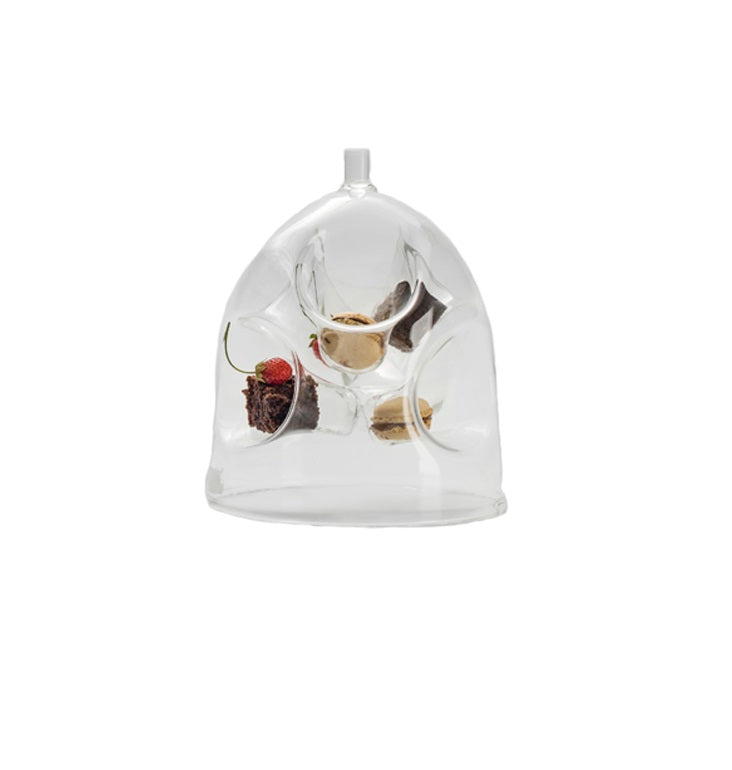 Borosilicate glass dome with six pockets for gourmet appetizers, elegant food display, durable, dishwasher and freezer safe.