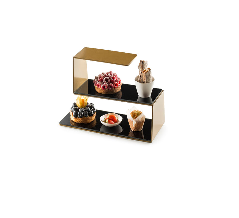 Luxury gold and black stainless steel food stand; artistic, modern design ideal for elegant dessert or hors d'oeuvre presentation.