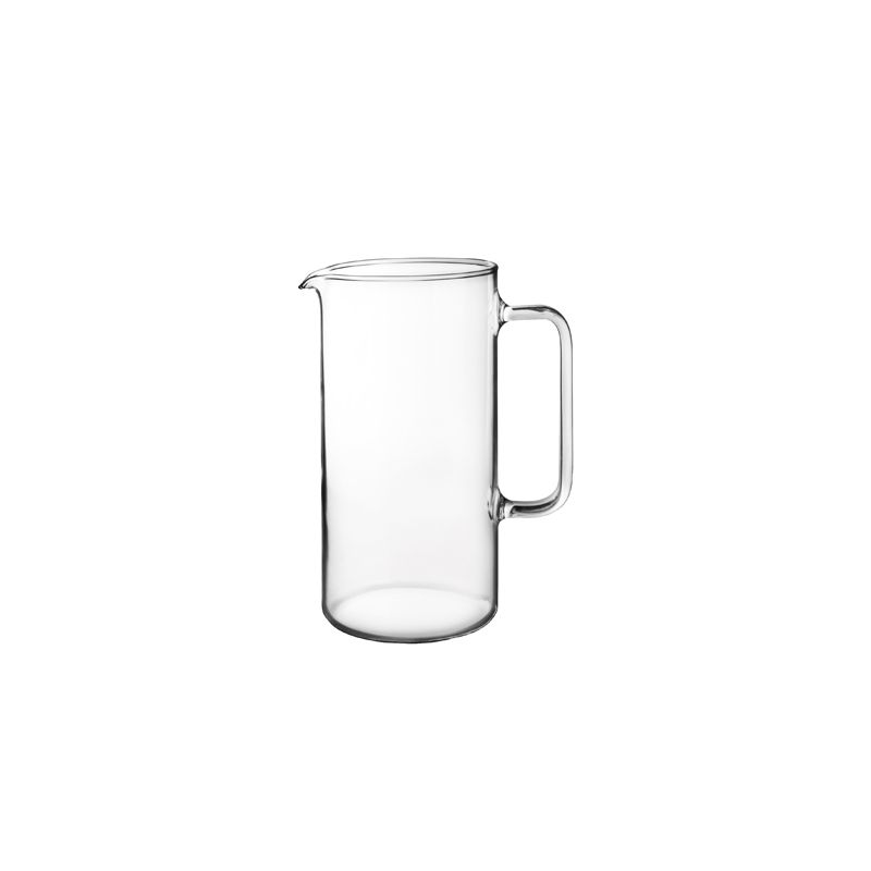 Borosilicate glass cylindrical jug 1L, heat and freezer safe, ergonomic handle, modern durable drinkware.