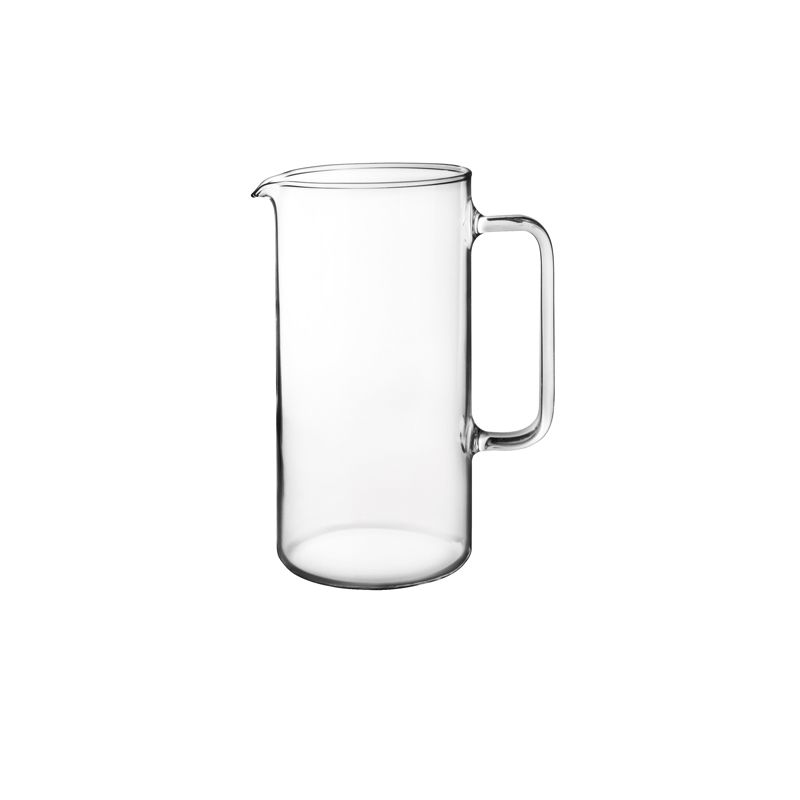 Borosilicate glass cylindrical jug 2L, heat and freezer safe, ergonomic handle, durable modern drinkware for gatherings.