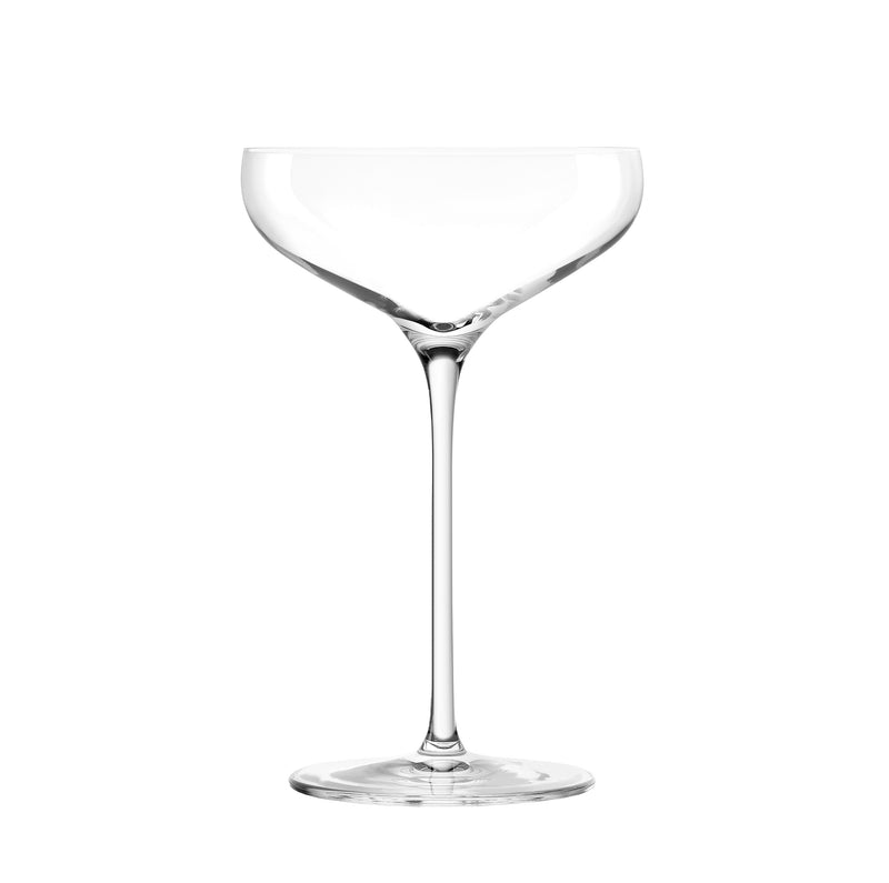 Elegant crystal champagne coupe glass with curved design, 300ml capacity, luxury drinkware for sparkling wine and cocktails.