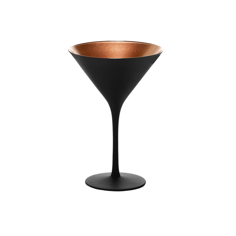 Black matte and copper martini glass, 240ml, modern luxury cocktail glassware from Olympic Collection.
