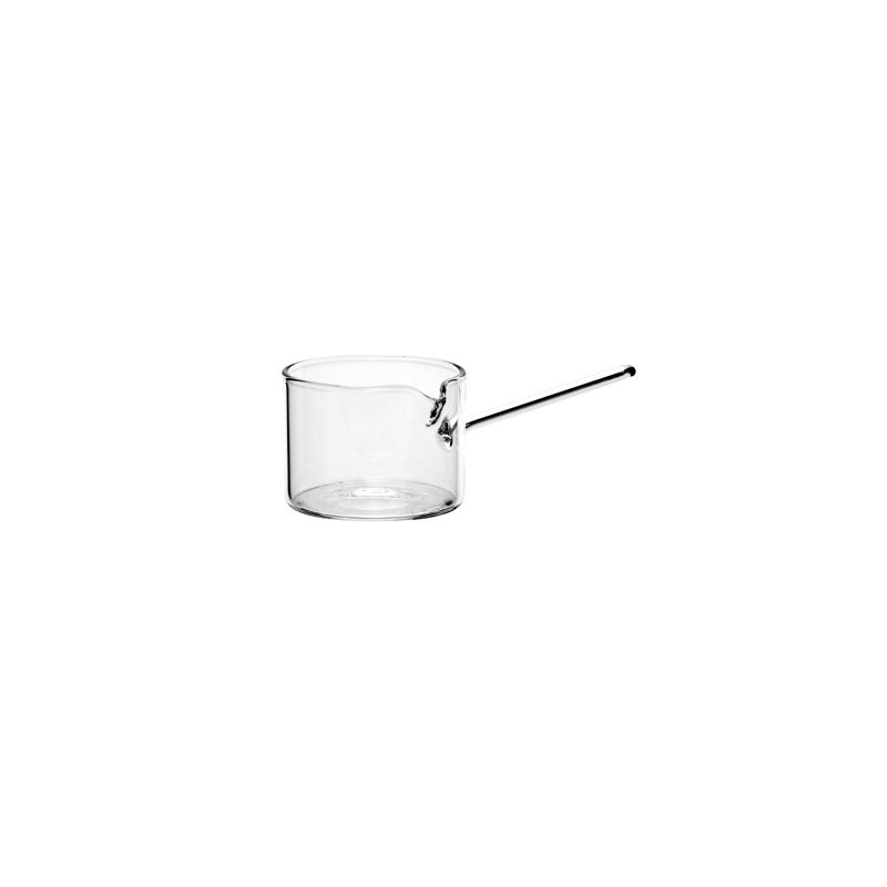 100ml borosilicate glass sauté pan, heat-resistant, clear design for cooking or serving, dishwasher and freezer safe.