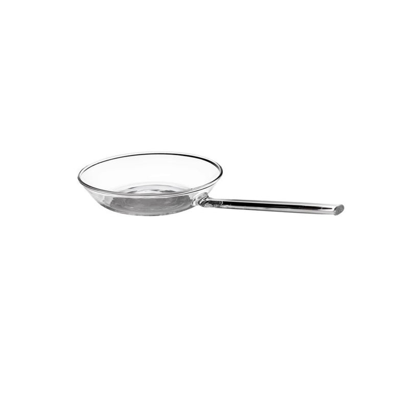 Clear borosilicate glass pan with handle, heat-safe, dishwasher and freezer safe, modern kitchen cookware.