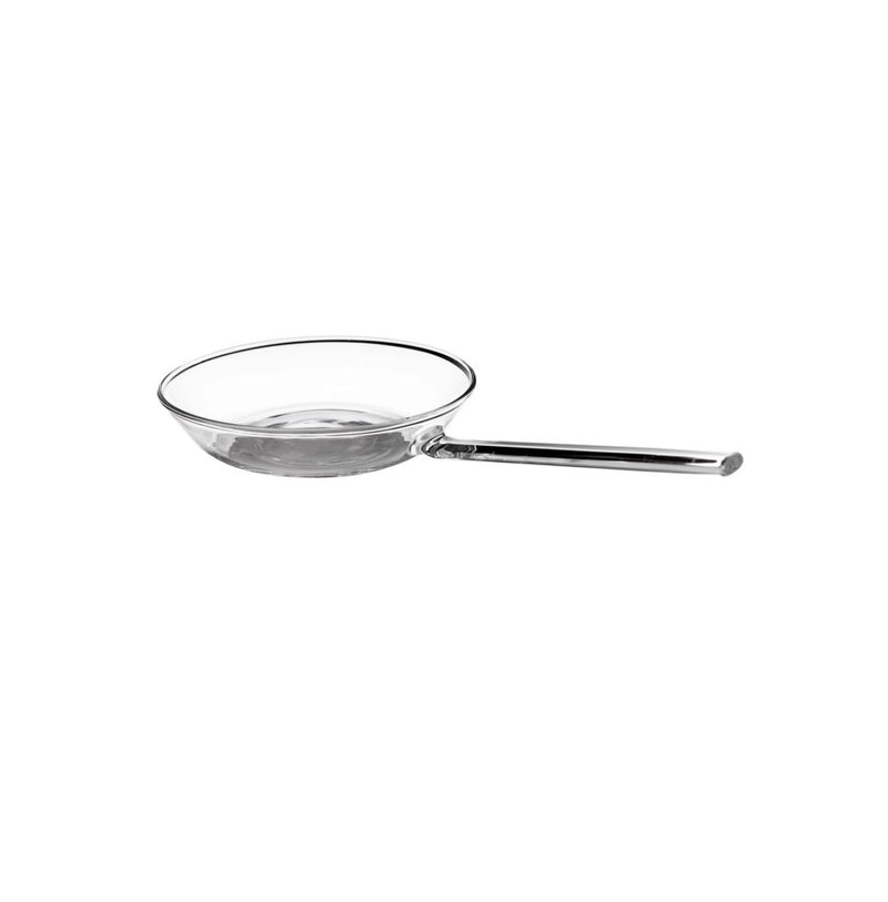Transparent borosilicate glass pan with handle, heat-safe, dishwasher-safe, freezer-safe, durable modern cookware.